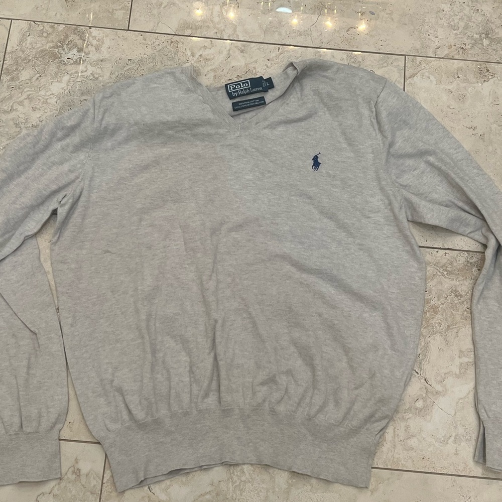 Polo Ralph Lauren Womens Vneck Heather Grey Sweater with Navy Logo